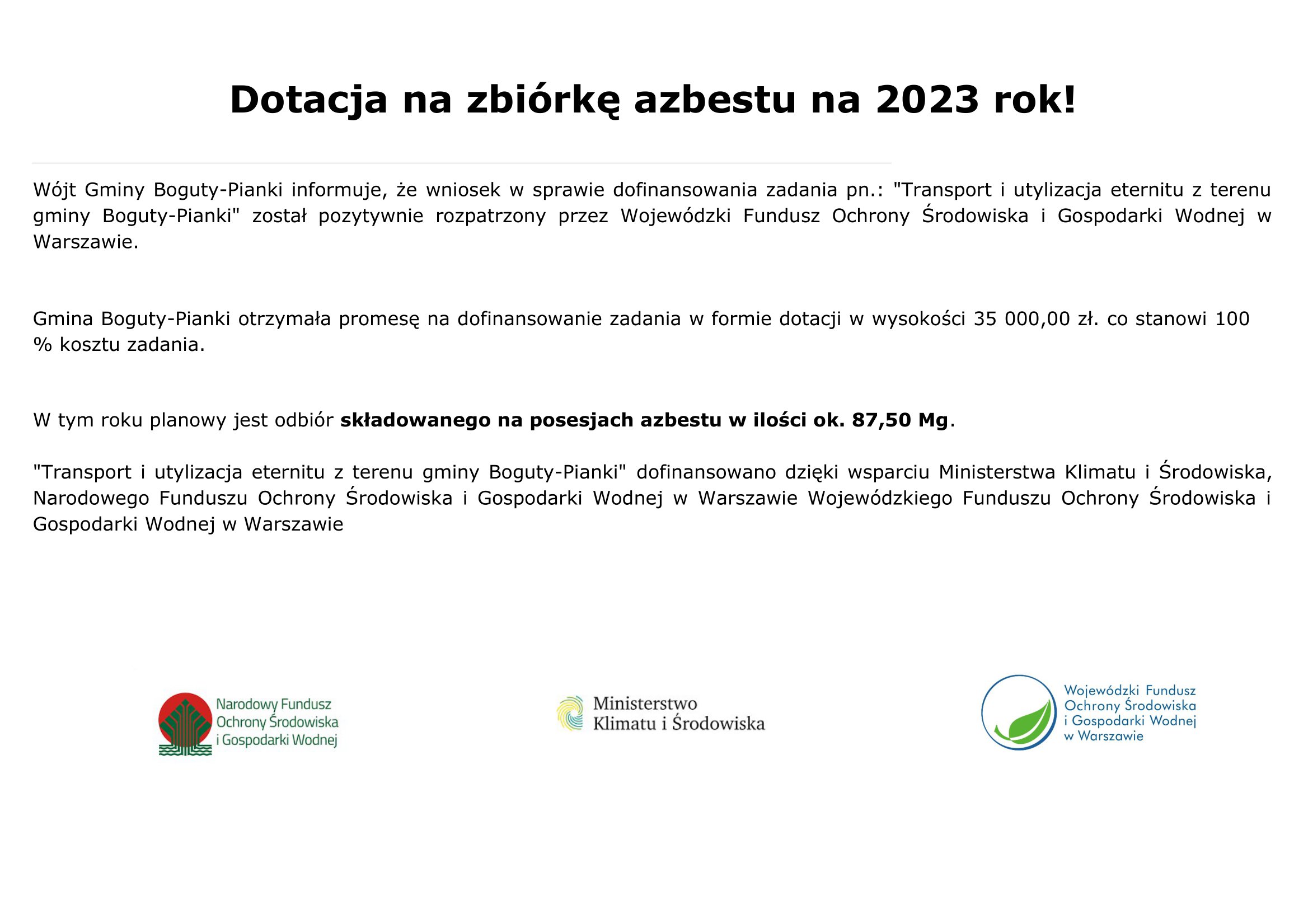 Dotacja na zbiórkę azbestu na 2023 rok Gmina Boguty Piankijpg