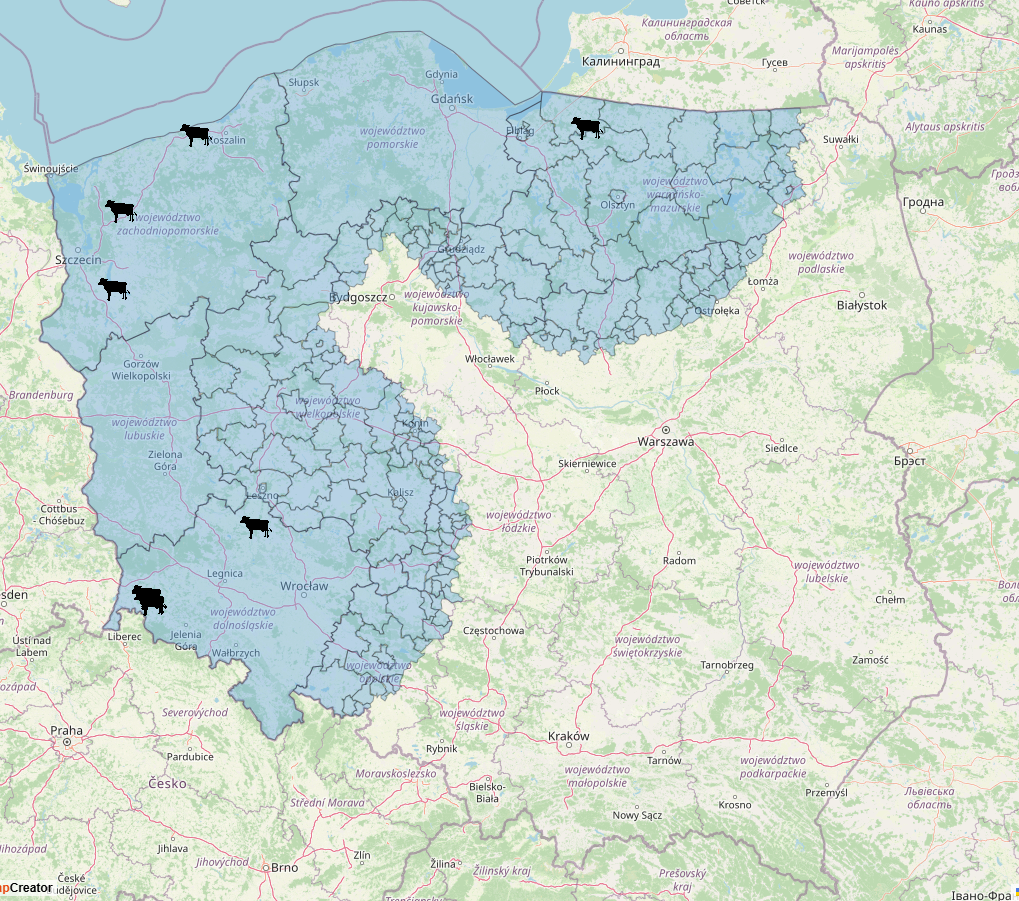mapa wystepowania choroby niebieskiego jezyka btv w polsce stan na dzien 31 01 2025 r 