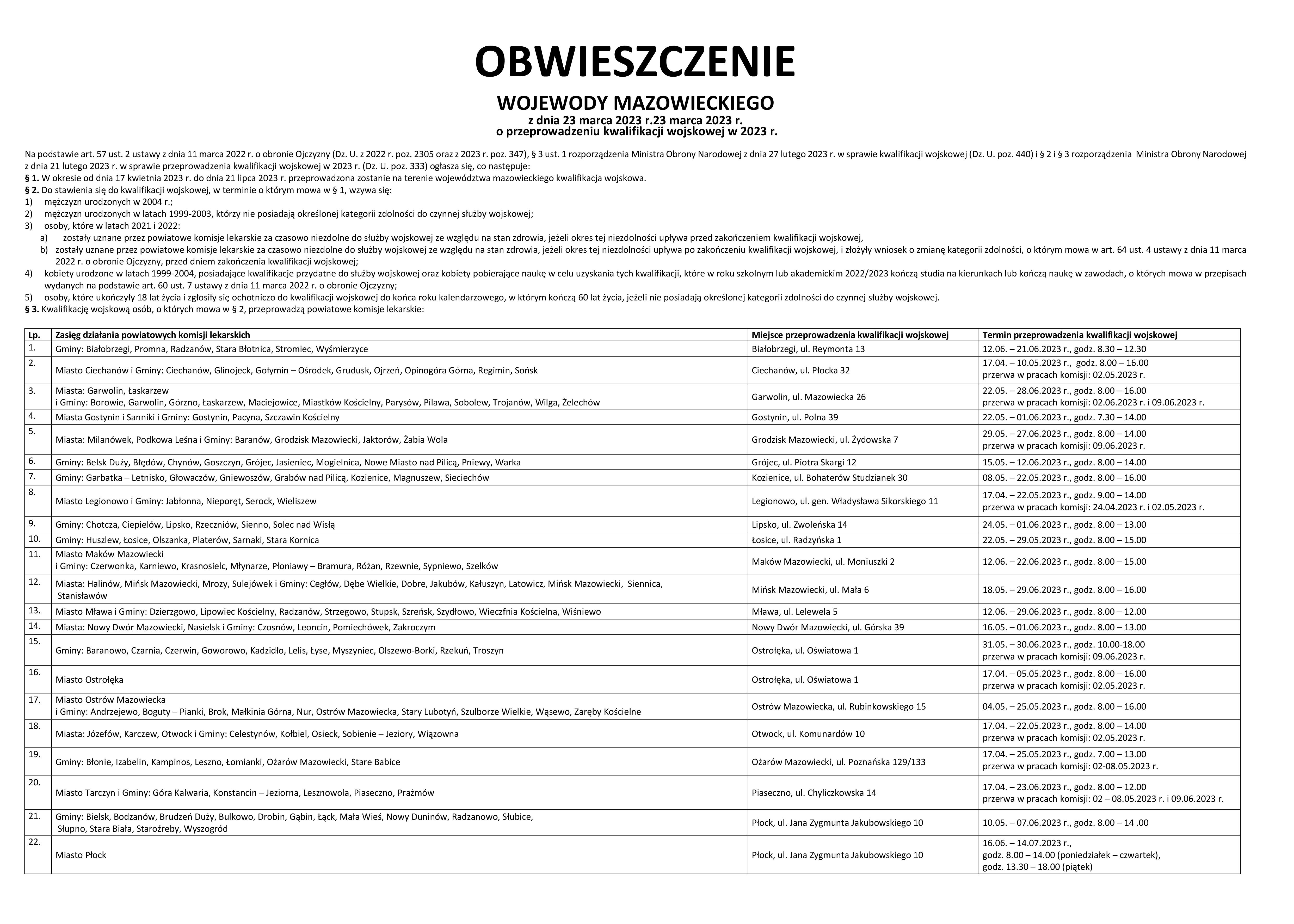 Obwieszczenie o przeprowadzeniu kwalifikacji wojskowej w 2023 r. - strona 1