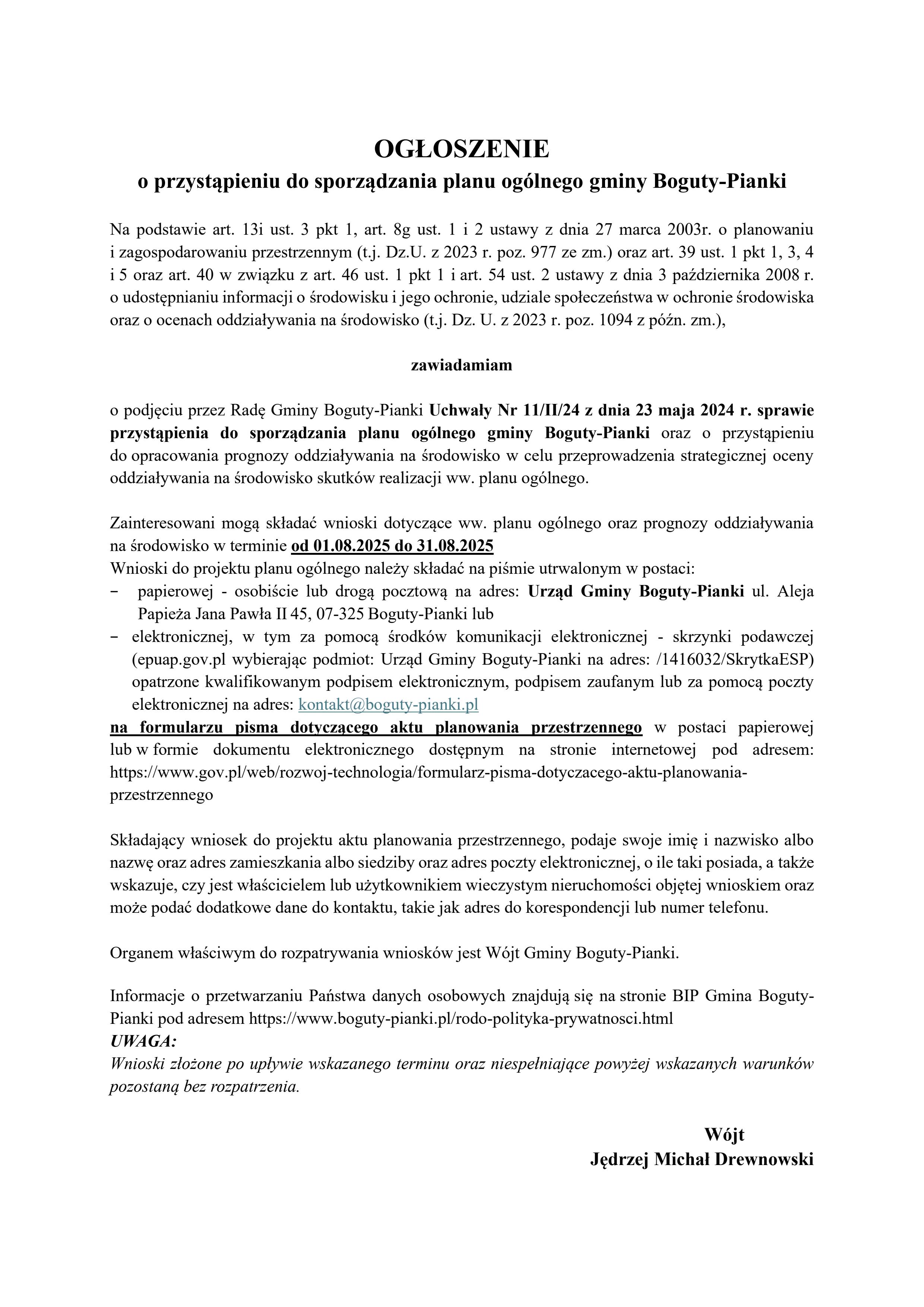 OGŁOSZENIE o przystąpieniu do sporządzania planu ogólnego gminy Boguty-Pianki